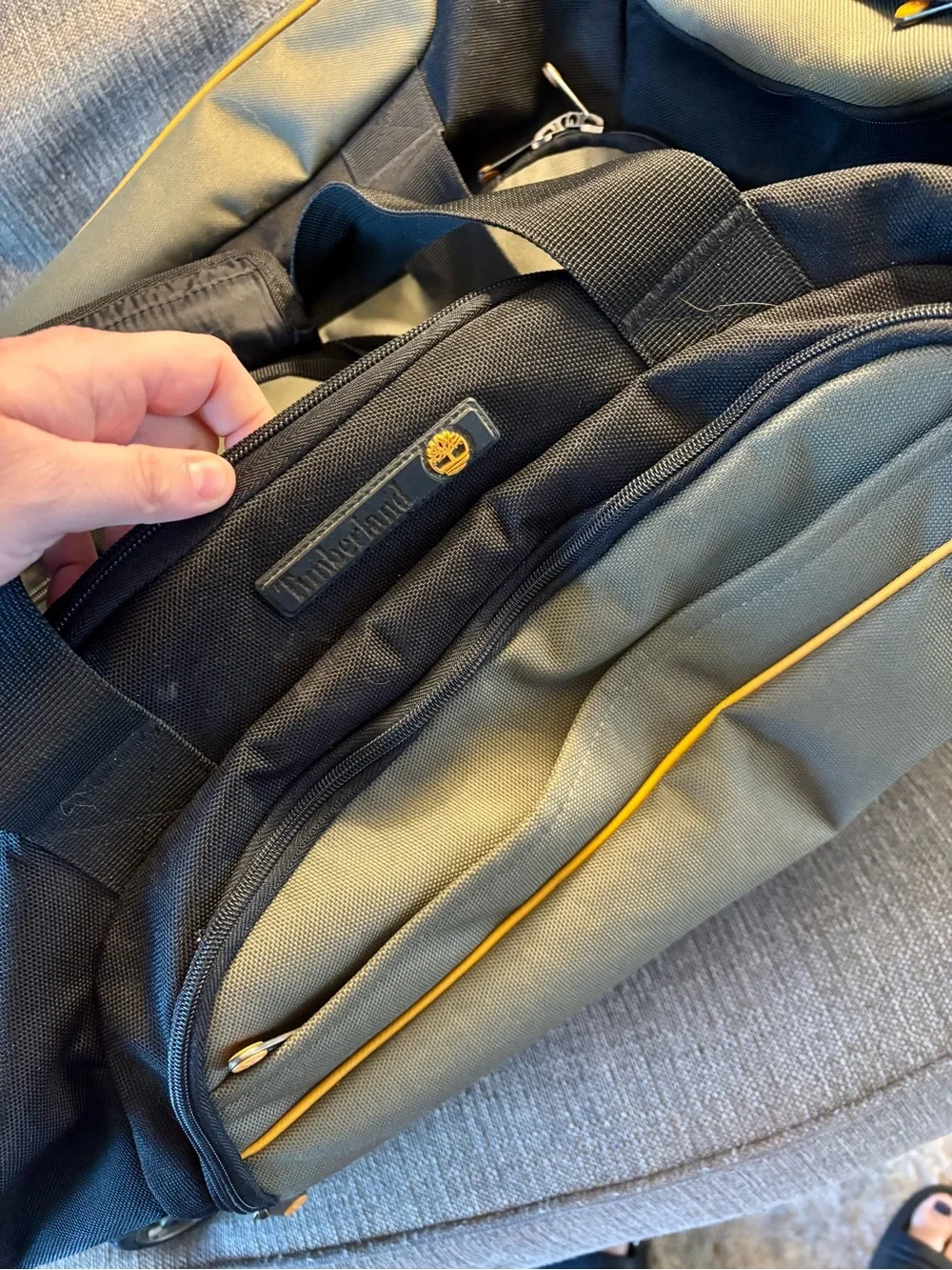 Timberland Olive and Black Duffel with Yellow Accents